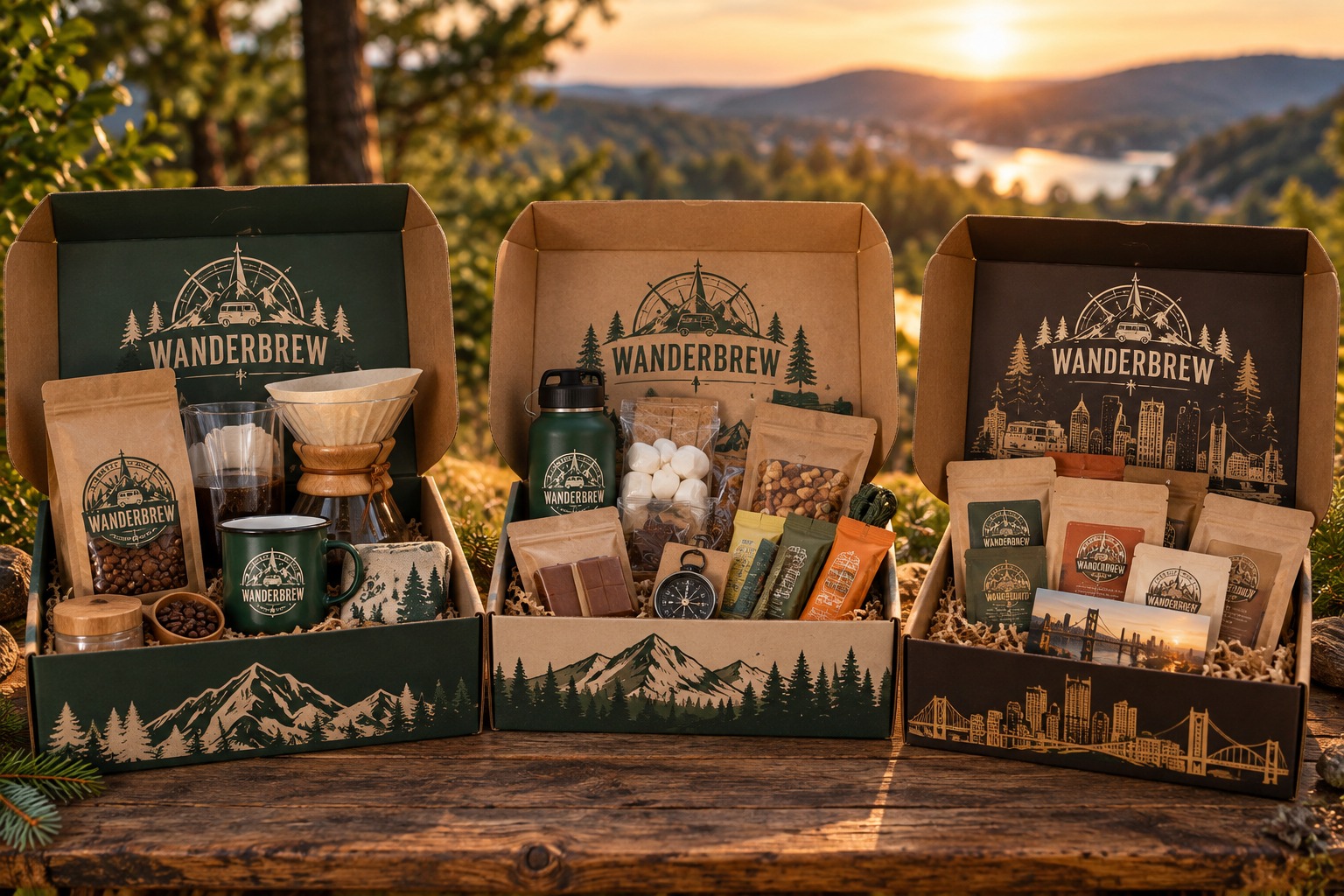 Three upcoming WanderBrew gift boxes: coffee at home, adventure and Pittsburgh coffee sampler